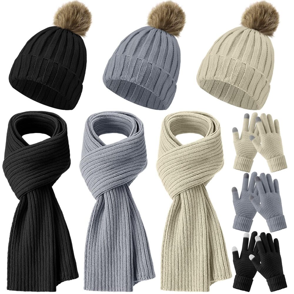 3009 9 Pcs Winter Beanie Hat Scarf Gloves Set and , Warm Knitted Pom Pom